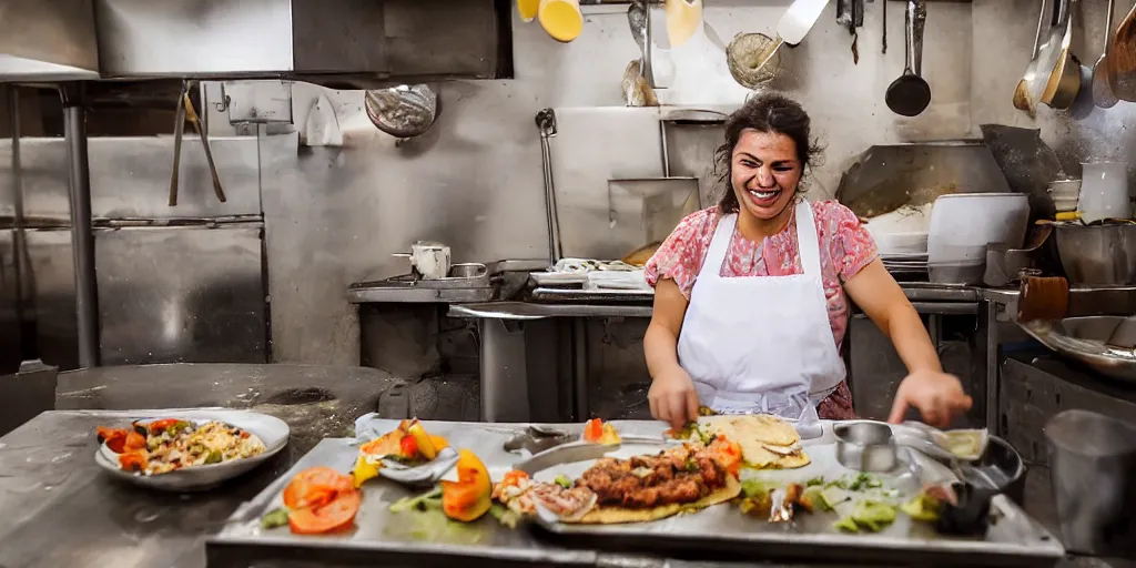 Image similar to It is morning, and the sun is shining on the Aegean coast in Turkey. The camera is positioned at a low angle, looking up at a stunning kurdish girl as she works in the kitchen of her family's kebab restaurant. She is laughing and singing to herself as she cooks