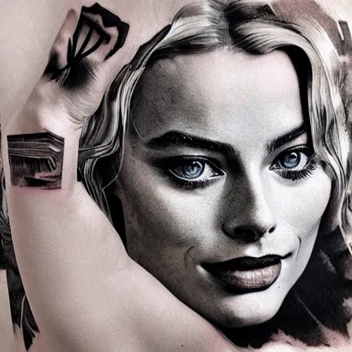 Image similar to double exposure tattoo design sketch of beautiful margot robbie in the shape of beautiful mountains, in the style of matteo pasqualin, amazing detail