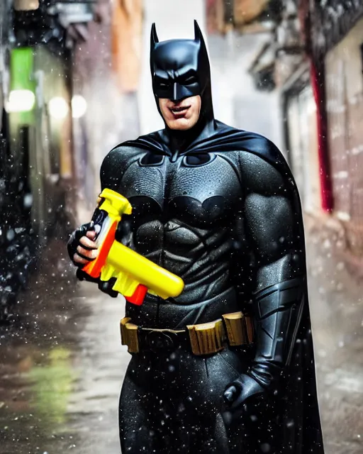 Image similar to happy batman firing super soaker water gun at playful criminals in an alleyway, everyone having fun, product advertisement, photography