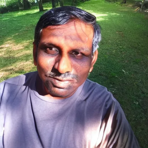 Image similar to my indian dad accidentally taking a selfie with the front camera, squinting because the camera flash is so bright in his face