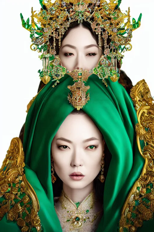 Image similar to a beautiful empress portrait, with a brilliant, impossible striking shiny big emerald headpiece, white and emerald robes, dramatic studio lighting, rococo, baroque, jewels, asian, hyperrealistic, closeup, D&D, fantasy, intricate, elegant, highly detailed, digital painting, artstation, octane render, 8k, concept art, matte, sharp focus, illustration, art by Artgerm and Greg Rutkowski and Alphonse Mucha