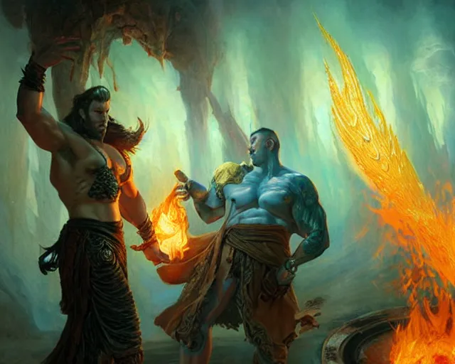 Image similar to handsome tattooed gym bro fire mage firebreath magic spell vfx, diagonal spell vfx, fantasy game spell, fantasy epic painting by artgerm, gaston bussiere, craig mullins, j. c. leyendecker, tom of finland