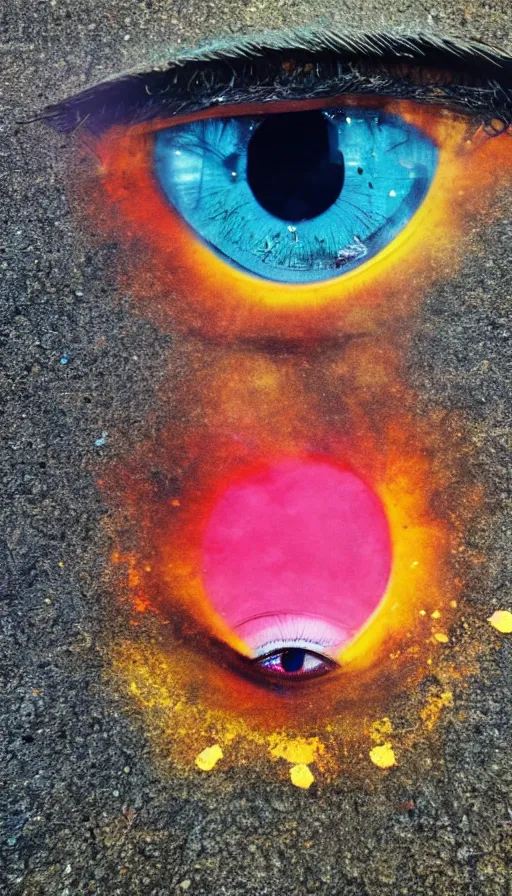 Image similar to photo of a human eye open on an asphalt road, realistic photo, shot with a gopro, looming, colorful, eerie