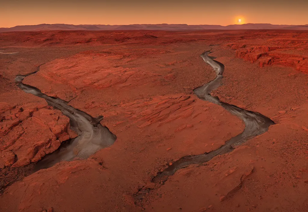 Image similar to a dried up river bend running through a canyon surrounded by desert mountains at sunset on mars, planet mars, moab, utah, a tilt shift photo by frederic church, trending on unsplash, hudson river school, photo taken with provia, national geographic photo