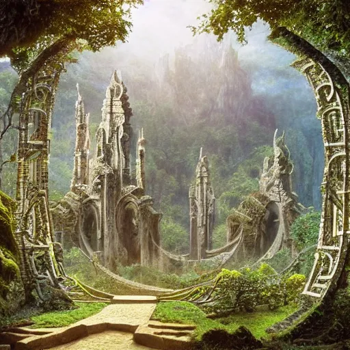 Image similar to a beautiful and highly detailed matte painting of an elven temple in a magical fantasy garden in a lush forest in the mystical mountains, celtic knots, carved runes, intricate details, epic scale, insanely complex, 8 k, sharp focus, hyperrealism, very realistic, by caspar friedrich, albert bierstadt, james gurney, brian froud,