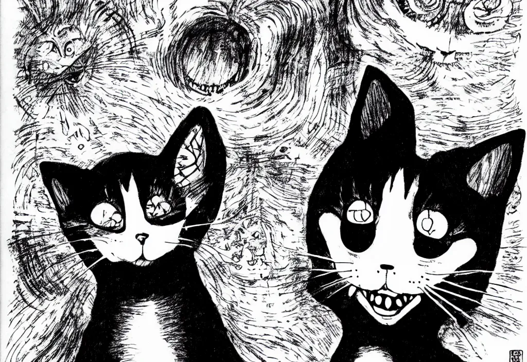 Prompt: smiling cat by junji ito