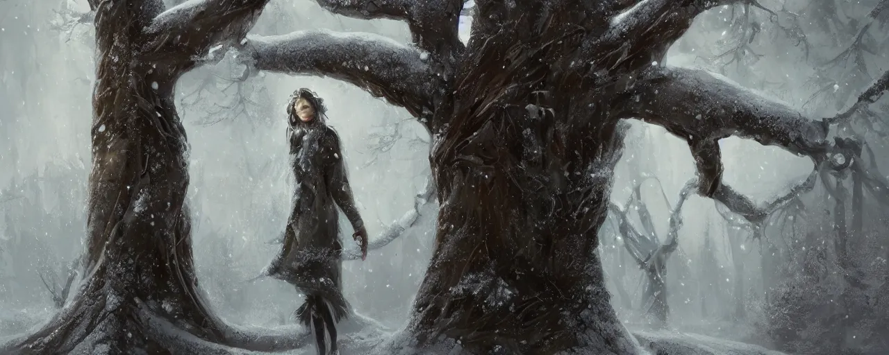 Prompt: a painting of a person standing in front of a tree in the snow, stunning intricate concept art by contest winner, cgsociety, fantasy art, matte painting, storybook illustration