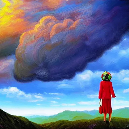 Image similar to giant flower head, frontal, woman standing on mountain, surreal photography, stormy sky, colorful clouds, impressionist painting, digital painting, artstation, rob gonsalves