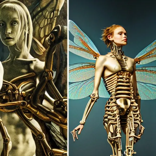 Prompt: still frame from Prometheus movie by Makoto Aida by malczewski, biomechanical dragonfly angel gynoid, metal couture by neri oxmn and Guo pei, editorial by Malczewski and by Caravaggio