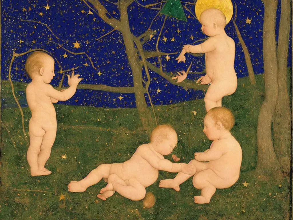 Prompt: baby with star in the wood at night. lapis lazuli, malachite, cinnabar, gold. painting by piero della francesca, balthus, agnes pelton