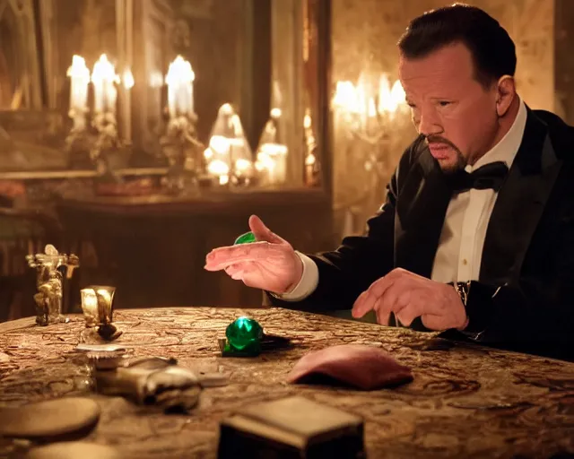 Image similar to mafia boss ( donnie wahlberg ) examines a magical glowing emerald ; scene from the modern hbo mini series / the outfit /, a supernatural mafia crime thriller about magical monster - hunting mafiosi in philadelphia, hd 8 k film photography, with modern supernatural horror aesthetic.