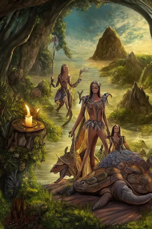 Image similar to A fantasy book style portrait painting of the Great Turtle Island at the center of the Universe, accompanied by a hybrid of, Anya_Taylor-Joy, Cory Chase, as a Mystical Valkyrie, Anubis-Reptilian, Atlantean Warrior, Cozy, hotspring hidden in a Cave, candlelight, towels, cushions, natural light, lush plants and flowers, elegant, smooth cave rock, fantasy, atmospheric lighting, digital painting, François Boucher, Oil Painting, Crisp clear resolution, unreal 5, DAZ, hyperrealistic, octane render, Regal, Refined, Detailed Digital Art, RPG portrait, William-Adolphe Bouguereau, Michael Cheval, Walt Disney (1937), Steampunk, Volumetric Golden dappled dynamic lighting, Highly Detailed, Cinematic Lighting, Unreal Engine, 8k, HD