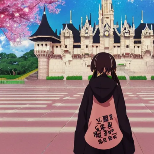 Image similar to menhera - chan, anime girl with long brown hair and black hoodie, posting in front of the wdw castle, kyoani, kyoto animation, key visual