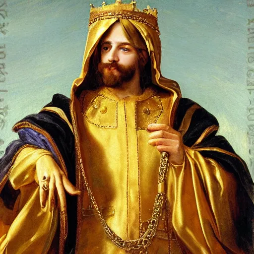 Prompt: a man wearing a long cloak and hood, golden chains, embroidery, holding gold crown, baroque elements, realistic oil painting, high detail