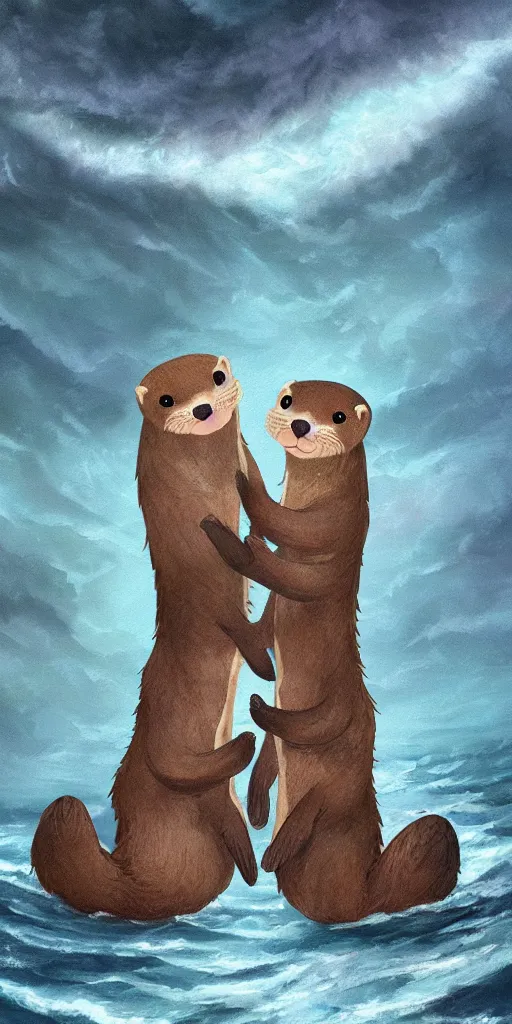 Prompt: two adorable otters falling in love holding hands side by side huddled, all hiding together in the middle of a super scary storm at sea, fantasy illustration, cinematic, award winning, romantic, detailed trending on artstation, masterpiece