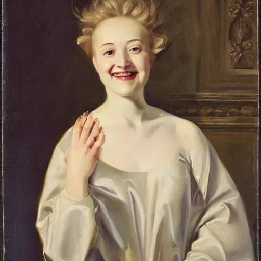 Prompt: portrait of a young woman in silver robe with a radiant smile, fine art