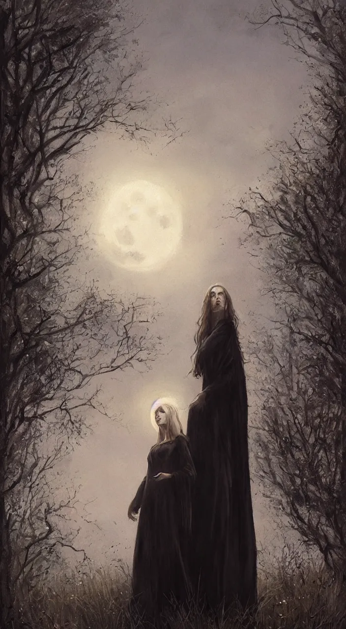 Prompt: young witch in a black robe standing in the grass at the bottom with a full moon in the sky over her head at the top, detailed face, highly detailed, by greg rutkowski