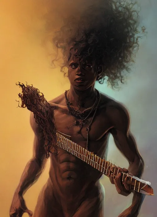 Image similar to fantasy changeling black kid with long curly hair playing electric guitar, between worlds, dim light, half n half ront game card, marvel comics, dark, intricate, highly detailed, smooth, artstation, digital illustration by ruan jia and mandy jurgens and artgerm and wayne barlowe and greg rutkowski and zdislav beksinski