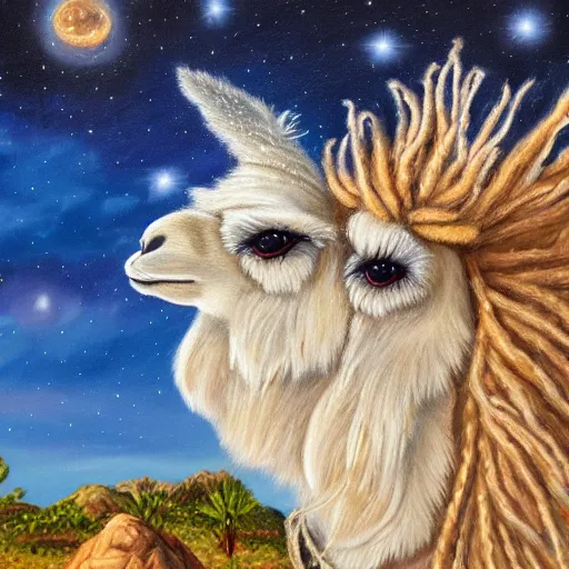 Prompt: highly detailed oil painting of one llama with dreadlocks, in a desert, with starfall in the night sky, hyperrealistic Illustration