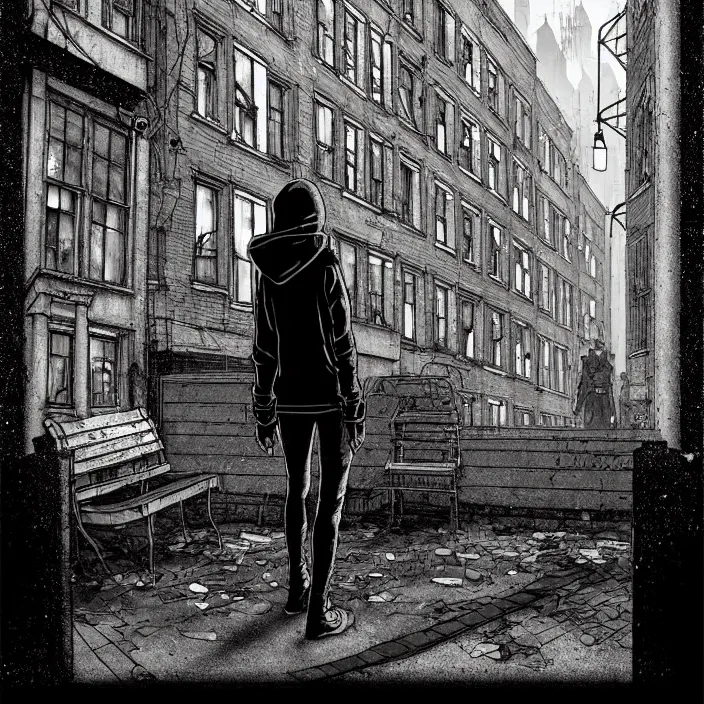 Image similar to sadie sink in hoodie sits on bench in ruined square, pedestrians walk by, steampunk tenement windows in background. storyboard, scifi cyberpunk. by gabriel hardman. cinematic atmosphere, detailed and intricate, perfect anatomy