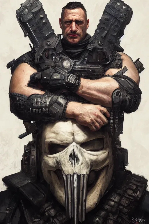 Image similar to Boris Johnson as Punisher, armor plate, realistic portrait, symmetrical, highly detailed, digital painting, artstation, concept art, smooth, sharp focus, illustration, cinematic lighting, art by artgerm and greg rutkowski and alphonse mucha