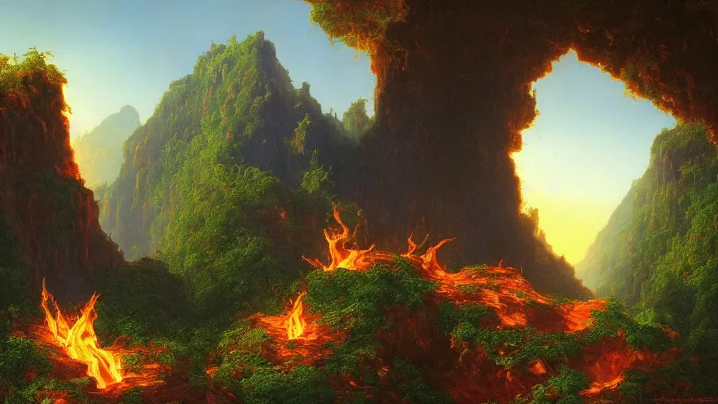 Image similar to very detailed and perfectly readable fine and soft relevant out of lines soft edges painting by beautiful walt disney animation films of the late 1 9 9 0 s and thomas cole in hd, we see a lava world, nice lighting, perfect readability