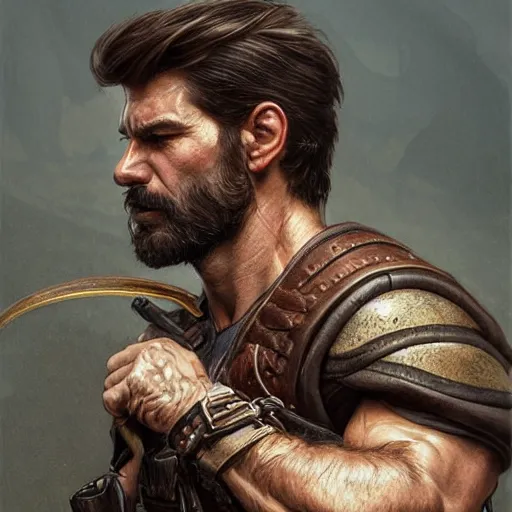 Image similar to portrait of a young, ruggedly handsome ranger, muscular, half body, leather, hairy, d & d, fantasy, intricate, elegant, highly detailed, digital painting, artstation, concept art, smooth, sharp focus, illustration, art by artgerm and greg rutkowski and alphonse mucha