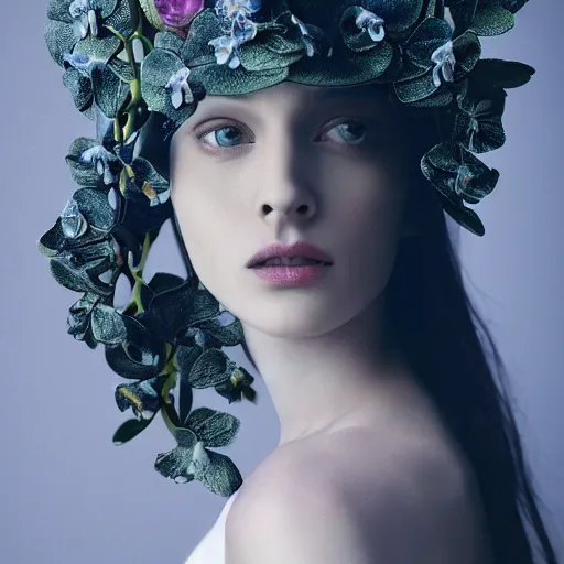 Prompt: long shot kodak portra 4 0 0, 8 k, volumetric lighting, highly detailed, britt marling style 3 / 4, fine art portrait photography in style of paolo roversi, orchid, orchid flower, 3 d render 1 5 0 mm lens, art nouveau fashion royalty, elegant, hyperrealistic ultra detailed, 8 k