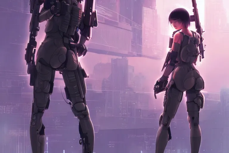 Prompt: young female japanese sniper aiming a railgun sniper rifle, neon, cyberpunk, futuristic, full cybernetic combat suit, short bob haircut, stunning illustration, highly detailed, digital painting, smooth, soft focus, illustration, ghost in the shell, 4 k digital art from artstation by artgerm and greg rutkowski and alphonse mucha