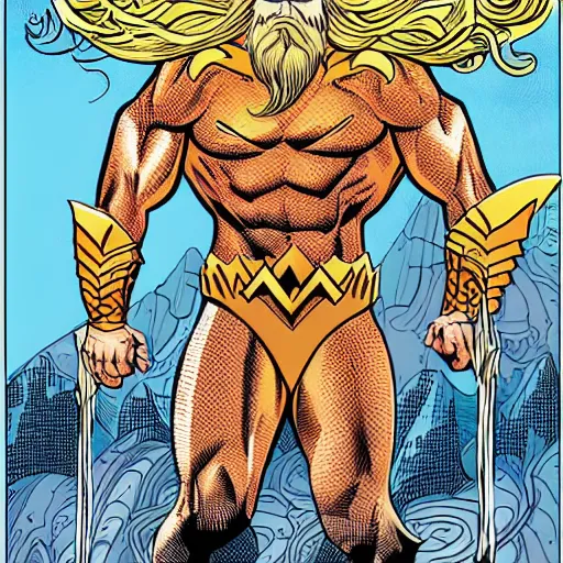 Image similar to vector art aquaman illustrated by Brian Bolland and Alan Moore