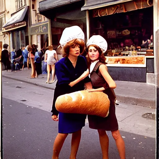 Image similar to professional archival photo of a woman and her friend, a puppet that looks like an enormous baguette, in a sidewalk cafe in paris, wearing berets, 16mm film soft color, earth tones and some color accents 1976, vacation photo, expired film, in style of doris wishman russ meyer, woman looks like sofia loren