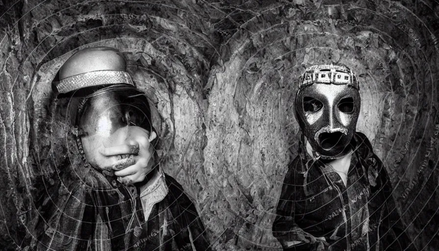 Image similar to high realistic photo portrait of a man with a taxidermic meat mask and elaborate jewel in a liminal space style tunnel, early black and white 8mm, heavy grain, high quality,