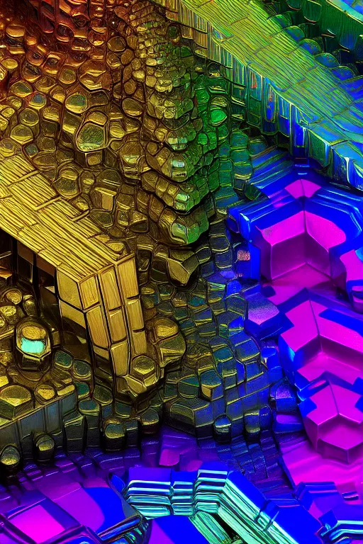 Image similar to concept art of fractal colorful bismuth!! metal giant golem : : shiny rainbow bismuth!! fractalization : : extremely high details, masterpiece, photorealistic, hyperrealism, vray, octane render, volumetric lighting, depth of field, bokeh, artstation, cgsociety by elyse graham, johannen voss, greg broadmore