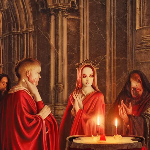 Image similar to the goddess of blood in silk robes of blood, cultists watching, red hoods, candle lights, renaissance, baroque, gothic, high detail, dark lighting, atmospheric, extremely detailed, intricate, smooth, 8 k