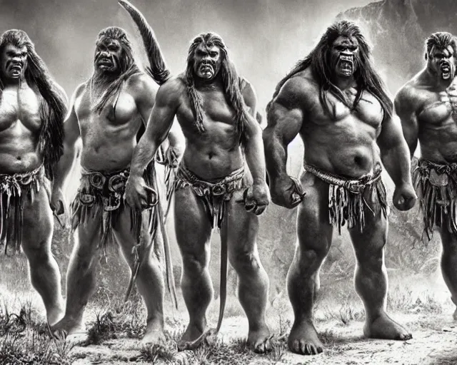 Image similar to hyper realistic group vintage photograph of a live action warcraft orc warrior tribe in the jungle, tall, hulk like physique, detailed faces, tribal paint, tribal armor, grain, old, monochrome, sepia toned, realistic lighting, wide angle