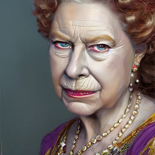 Prompt: queen elizabeth the second as a realistic fantasy d & d character, closeup portrait art by donato giancola and greg rutkowski, realistic face, digital art, trending on artstation