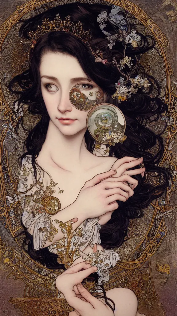 Prompt: highly detailed portrait of a beautiful black haired woman with pale skin and a crown on her head sitted on an intricate metal throne by alphonse mucha, ayami kojima, yoshitaka amano, charlie bowater, karol bak, greg hildebrandt, jean delville, and mark brooks, 4 k resolution