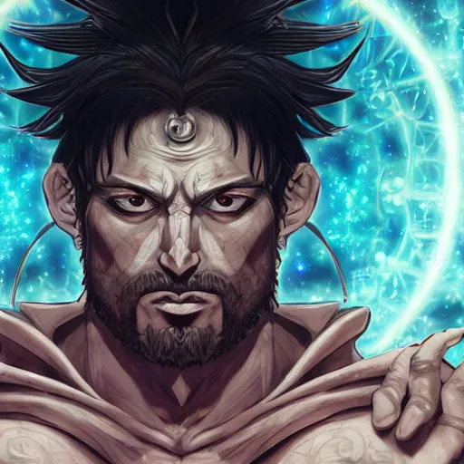 Image similar to 4K headshot portrait of godlike Wizard of Nazareth with defined arms and open hands and bloody clothes with giant mandala wings , intricate face , flawless anime cel animation by Kentaro Miura, psychedelic , highly detailed upper body , professionally post-processed , beautiful, scary, symmetry accurate features, epic, octane rendered, anime masterpiece, accurate by Craig Mullins, ilya kuvshinov, krenz cushart, epic , artgerm trending on artstation by Edward Hopper and Dan Mumford and WLOP and Rutkovsky, beksinski carl spitzweg moebius and tuomas kocar, intricate artwork by caravaggio, Unreal Engine 5, Lumen, Nanite