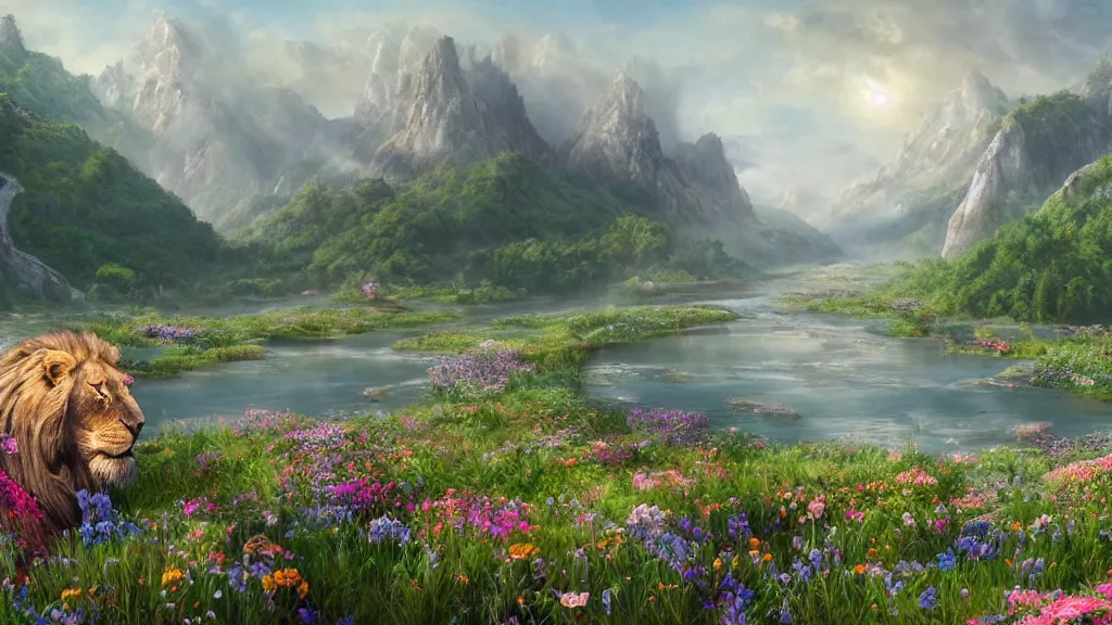 Image similar to Beautiful hyperrealistic detailed matte painting of a Landscape with a wide river in the middle of a meadow full of colorful flowers on the lost Vibes and mountains in the background, at the center there's a giant medieval fantasy portal gate with a rusty gold carved lion face at the center of it that takes you to another world, spring, delicate fog, sea breeze rises in the air, by andreas rocha and john howe, and Martin Johnson Heade, featured on artstation, featured on behance, golden ratio, ultrawide angle, f32, well composed