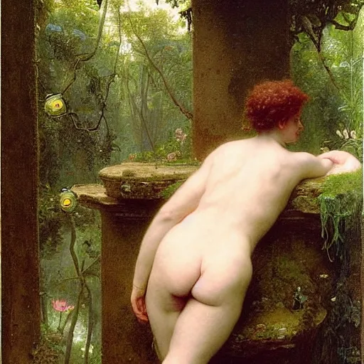 Image similar to a renaissance oil painting by alma tadema of a minion turned back on a stone balcony covered in moss with over shoulder view on a magical jungle, colourful pastel, detailed academic bouguereau, sharp focus, long shot