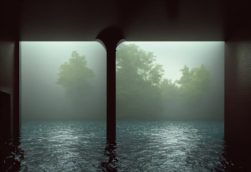 Prompt: kodak portra 4 0 0 photographic and realistic, interior cathedral, detailed, octane render, unreal engine, 8 k, artstation, hyper realistic, wide angle, floor flooded how a lake, hole objects that float, 3 5 mm, sharp focus, soft light, epic volumetric light fog, in the style of gregory crewdson