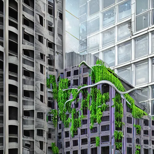 Image similar to “derelict architecture single building , the windows are growing single vines, building designed by architect Zaha Hadid, architecture digest, building surrounded in a luxury environment, bright tones, fluorescent lighting,volumetric Lighting, photorealism, high detail, golden ratio, cinematic, octane renderer”