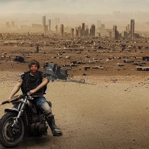 Prompt: Post Apocalyptic scavenger riding a motorcycle in a large desert with a damaged city in the background