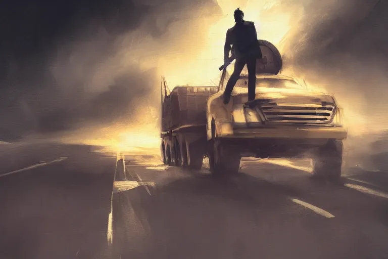 Prompt: epic concept art of a man standing with an oncoming truck. backlighting. strong contrast. by ashley wood and j. m. w. turner, speed painting, photo bash, cinematic angle, super detailing, strong perspective