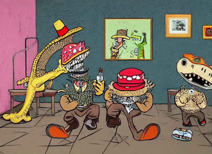 Prompt: a crocodile with shoes and hat looking at two men in costume drinking beer with computer and joakim ojanen and robert crumb and philip guston, psychological, photorealistic, dripping paint, washy brush, rendered in octane, altermodern, masterpiece