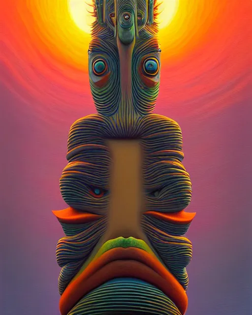 Image similar to a painting of randy manzo totem pole, a surrealist painting by Naoto Hattori, sunset, by Beeple, symmetry, by Makoto Shinkai and Lois van baarle, trending on deviantart, pop surrealism, lowbrow,, whimsical