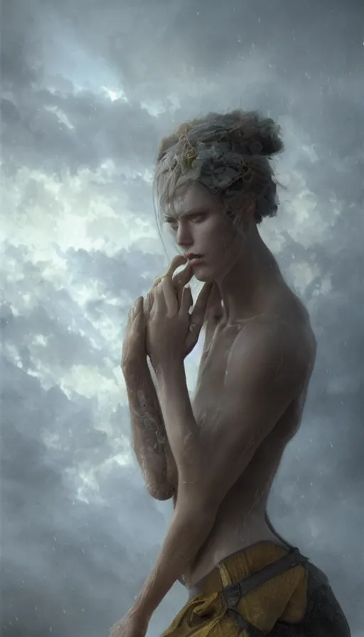 Image similar to epic masterpiece sadness, drama, sweaty skin, hyperrealistic, expressive, emotional, moody, back light, keylight, professional photography, octane render, cinematic, beautiful face and flawless skin, perfect hands, 5 fingers, yellow by Edgar Maxence and Ross Tran and Michael Whelan and Lorenzo Sperlonga, Brom, Legends of Runeterra