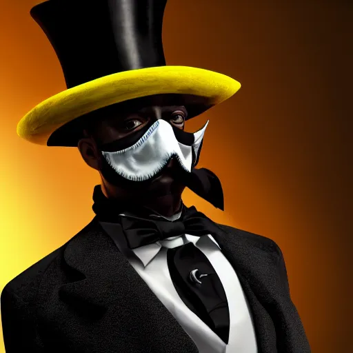 Image similar to a highly detailed portrait of a man in a high top hat covering his face, in a black tailcoat with a yellow waistcoat under the tailcoat, artstation, deviantart, professional, unreal engine 5, photorealistic