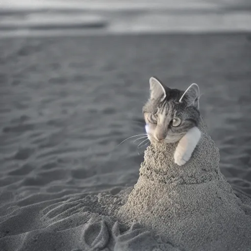 Prompt: photo of cat making a sand castle on the beach, cinestill, 8 0 0 t, 3 5 mm, full - hd