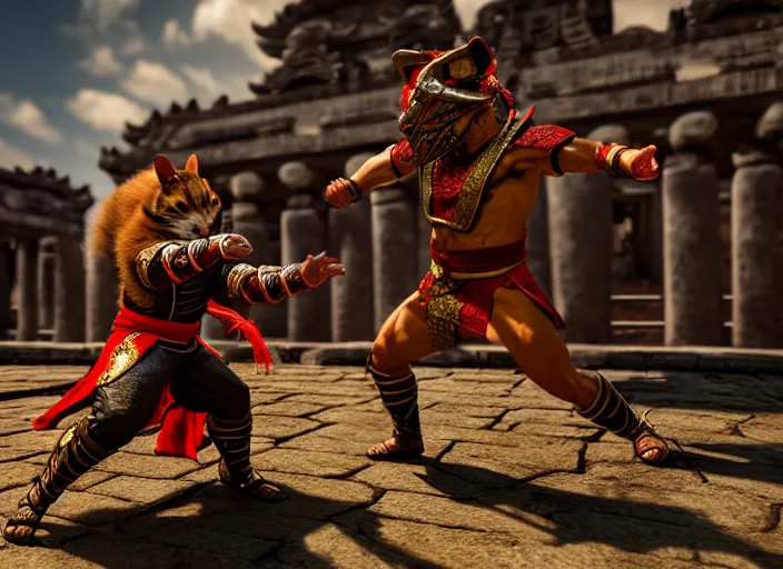 Image similar to hamster dressed as shao khan fights a cat dressed as kung lao in mortal kombat on the background of an ancient temple. fantasy magic style. highly detailed 8 k. intricate. lifelike. soft light. sony a 7 r iv 5 5 mm. unreal engine with nanite and path tracing